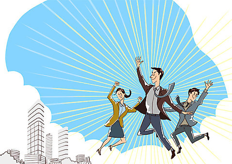 전신 PSD 여자 남자 일러스트 회사 성인 건물 세명 점프 사회 신입사원 열정 패기 국내일러스트 건축물 감정 컨셉 비즈니스 모션 사람 자신감 파일형식
