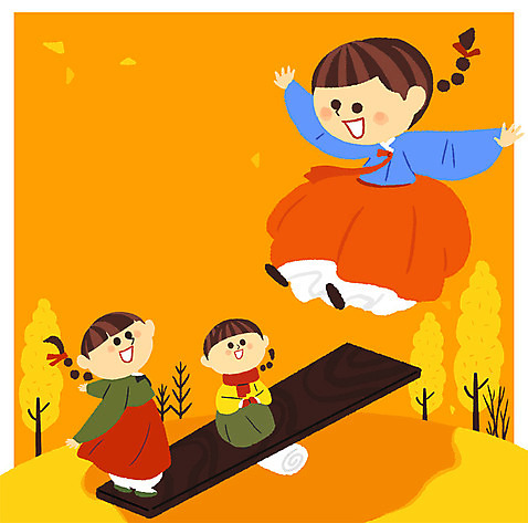 전신 PSD 여자 어린이 일러스트 세명 점프 전통놀이 가을 한복 널뛰기 단오 국내일러스트 한국전통 전통 계절 명절 모션 놀이 사람 전통의상 파일형식