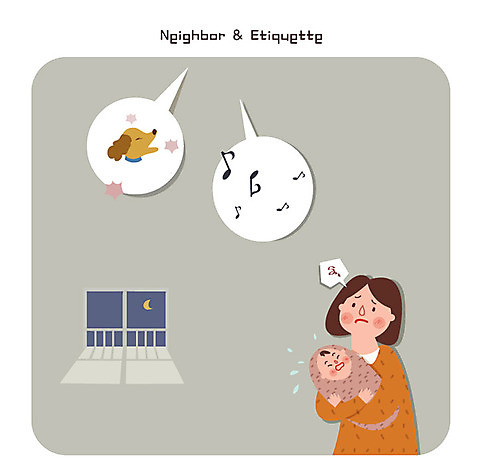 여자 음악 일러스트 아파트 성인 두명 아기 강아지 야간 소음 이웃 층간소음 AI_파일형식 국내일러스트 자연요소 문화예술 주택 사람 반려동물 소리 개 파일형식 벡터