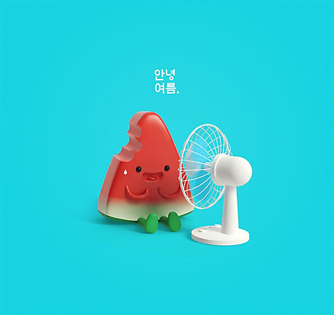 PSD 편집이미지 여름음식 수박 사람없음 그래픽 3D 선풍기 시원함 디지털합성 안녕 수박캐릭터 제철음식 제철과일 여름_계절 편집3D 캐릭터 계절 음식 과일 가전제품 인사 제철 파일형식
