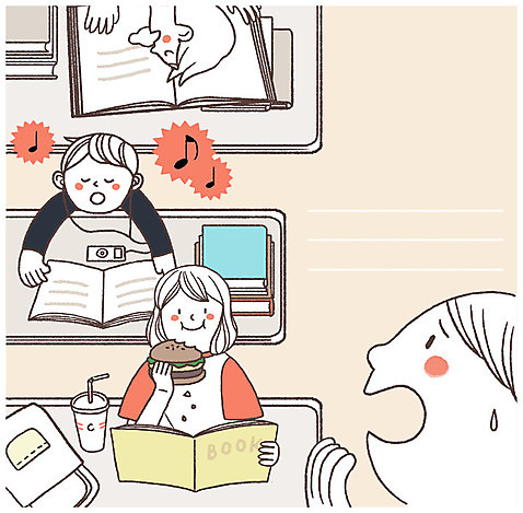 PSD 여자 남자 이어폰 일러스트 프레임 앉기 여러명 상반신 성인 책 음악감상 손상 금지 햄버거 잠 도서관 MP3 먹기 규칙 소음 공공예절 음식물금지 프레임일러스트 국내일러스트 교육 음향기기 다수 컨셉 모션 패스트푸드 사람 전자제품 소리 감상 예절 파일형식