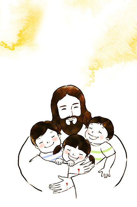 PSD 여자 남자 기독교 종교 어린이 일러스트 안기 사랑 웃음 여러명 상반신 성인 예수 번짐 수채화_물감 국내일러스트 감정 다수 모션 표정 사람 신_종교 파일형식 효과