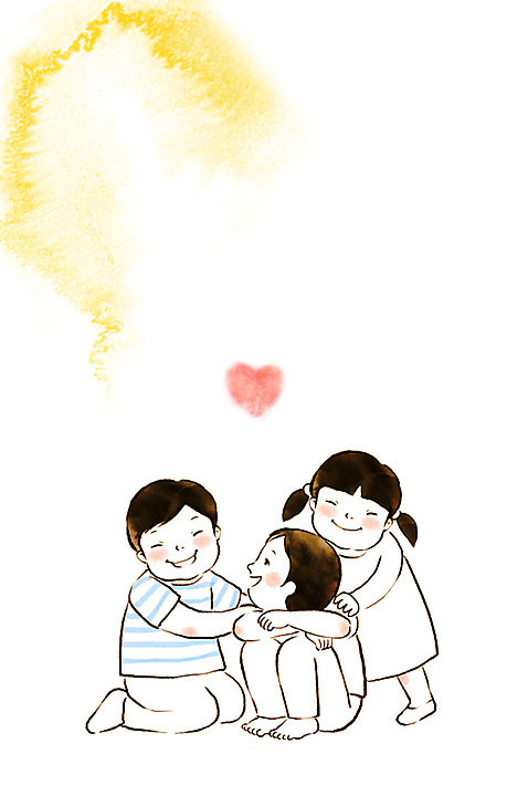 전신 PSD 여자 남자 기독교 종교 어린이 일러스트 서기 앉기 세명 하트 번짐 격려 위로 수채화_물감 국내일러스트 모양 감정 모션 사람 파일형식 효과