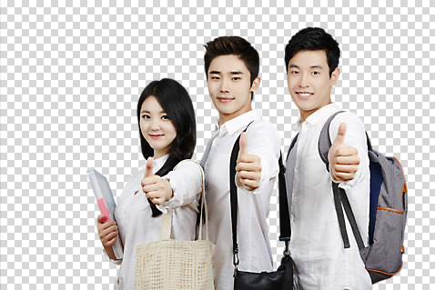 편집이미지 여자 남자 대학생 서기 상반신 20대 성인 옆모습 세명 친구 우정 한국인 엄지손가락 최고 PNG 성인만 편집소스 청춘_젊음 미소_표정 학생 뷰포인트 컨셉 손가락 관계 모션 표정 사람 동양인 청년 파일형식
