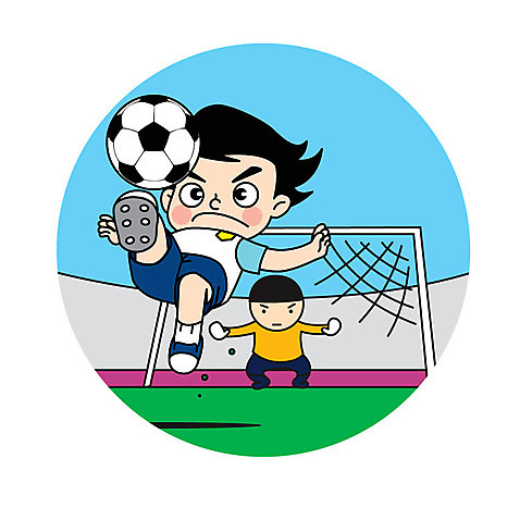 전신 캐릭터 남자 어린이 스포츠 일러스트 축구공 두명 축구 축구장 골대 골키퍼 오버헤드킥 AI_파일형식 일러캐릭터 공 축구용품 스포츠시설 운동선수 사람 구기 파일형식 벡터