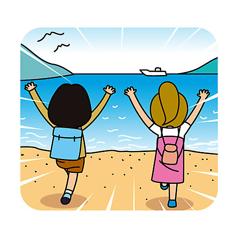 전신 여자 유럽 바다 해외여행 여행 배_교통 일러스트 갈매기 성인 해변 두명 친구 AI_파일형식 국내일러스트 해외 나라 수상교통 관계 조류 사람 파일형식 벡터