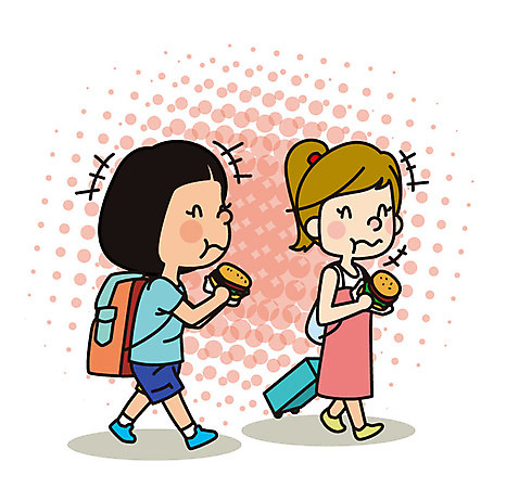 전신 여자 유럽 해외여행 여행 일러스트 성인 두명 친구 걷기 캐리어 햄버거 먹기 맛있는 AI_파일형식 국내일러스트 해외 나라 관계 모션 패스트푸드 사람 여행가방 파일형식 벡터