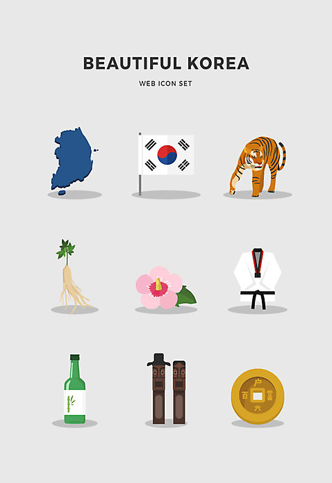 아이콘 지도 한국 사람없음 세트 동전 호랑이 인삼 태극기 태권도복 무궁화 국기게양 정승 AI_파일형식 2D아이콘 꽃 아시아 돈 포유류 도복 삼 국기 파일형식 벡터