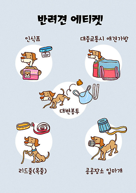 여러마리 일러스트 사람없음 반려동물 예절 강아지 목줄 반려 배변봉투 애완동물등록제 이동가방 인식표 입마개 펫티켓 AI_파일형식 국내일러스트 동물 다수 가방 봉투 개 제도 파일형식 벡터 반려용품