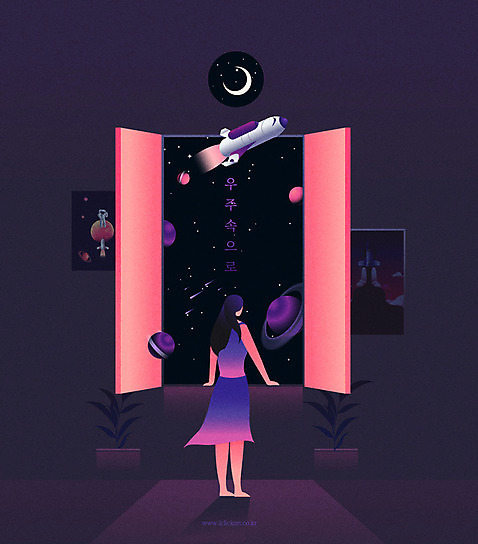 전신 응시 여자 별 화분 액자 일러스트 상상 한명 서기 성인 우주 행성 로켓 달 창밖 AI_파일형식 국내일러스트 자연요소 1 시선 창문 모션 사람 파일형식 벡터