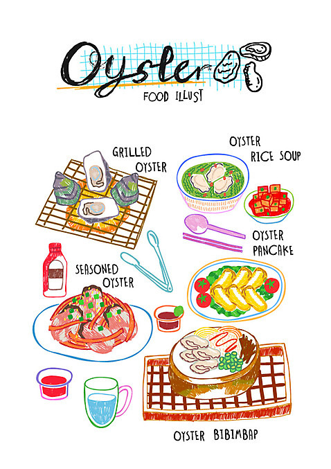 음식 일러스트 젓가락 사람없음 굴 수프 깍두기 구이 비빔밥 무침 굴요리 굴죽 돌솥굴비빔밥 초고추장 AI_파일형식 국내일러스트 한식 어패류 김치 수저 양념 죽 파일형식 벡터