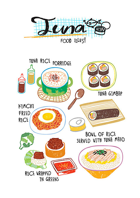음식 일러스트 사람없음 참치 덮밥 마요네즈 김치볶음밥 참치김밥 참치죽 참치캔 참치마요 AI_파일형식 국내일러스트 어류 소스_음식 캔 김밥 죽 볶음밥 파일형식 벡터