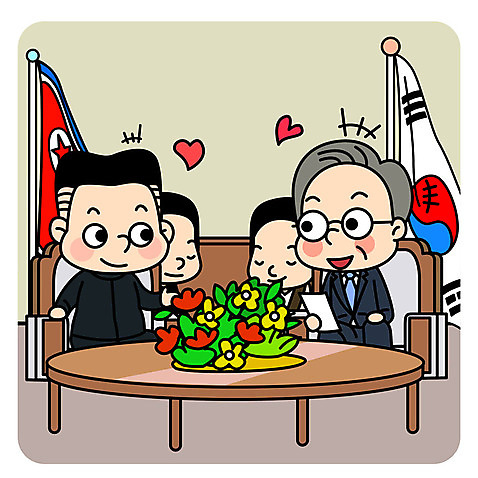 여자 남자 일러스트 회의 대화 여러명 상반신 성인 평화 하트 태극기 사회이슈 대통령 북한국기 정상회담 통일 남북회담 AI_파일형식 국내일러스트 모양 다수 컨셉 비즈니스 말하기 사람 경제 국기 파일형식 벡터