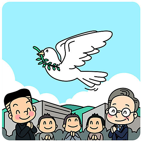여자 남자 일러스트 여러명 상반신 성인 평화 비행 군중 박수 사회이슈 대통령 백비둘기 정상회담 통일 남북회담 AI_파일형식 국내일러스트 다수 컨셉 회의 사람 손짓 경제 비둘기 파일형식 벡터