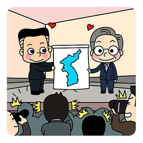 전신 남자 일러스트 여러명 성인 평화 사진촬영 하트 기자 군중 사회이슈 대통령 정상회담 통일 한반도기 남북회담 AI_파일형식 미소_표정 국내일러스트 모양 직업 다수 컨셉 회의 표정 사람 경제 촬영 깃발 파일형식 벡터
