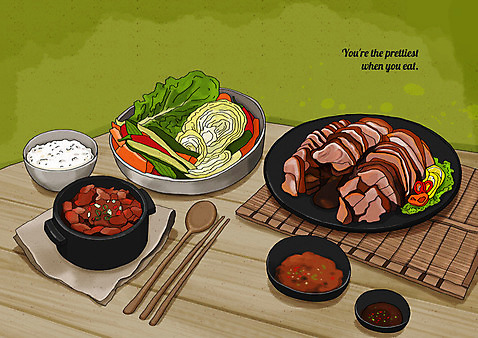 PSD 그릇 접시 채소 일러스트 젓가락 고추 밥 사람없음 숟가락 당근 양념 상추 찌개 양배추 대나무발 쌈장 족발 밥그릇 나무탁자 플레이팅 국내일러스트 식기 음식 탁자 뿌리채소 수저 돼지고기 상차림 파일형식