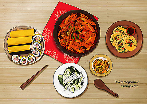 PSD 일러스트 젓가락 사람없음 숟가락 샐러드 식탁보 전 떡볶이 김밥 플레이팅 국내일러스트 음식 수저 상차림 분식 파일형식