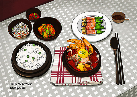 PSD 일러스트 젓가락 사람없음 숟가락 샐러드 식탁보 상차림 돌솥밥 베이컨말이 소스통 순두부찌개 오이무침 해물찌개 플레이팅 국내일러스트 음식 밥 수저 통 소스_음식 찌개 무침 파일형식