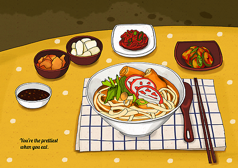 PSD 일러스트 젓가락 반찬 김치 사람없음 숟가락 식탁보 소스 어묵 어묵우동 오이무침 플레이팅 국내일러스트 한식 음식 수저 양념 상차림 우동 무침 파일형식