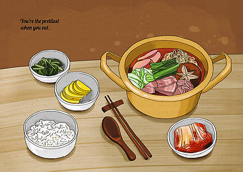 PSD 일러스트 젓가락 밥 김치 사람없음 숟가락 단무지 부대찌개 양은냄비 한그릇 플레이팅 국내일러스트 1 한식 음식 수저 냄비 상차림 찌개 파일형식