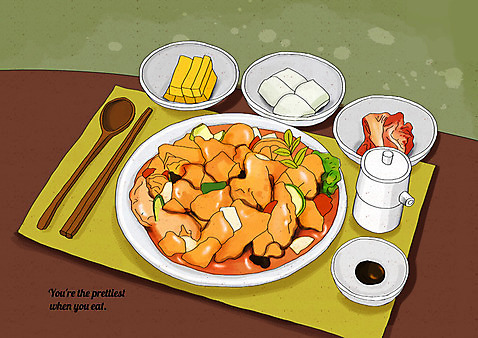 PSD 일러스트 젓가락 양파 김치 사람없음 중식 숟가락 식탁보 양념 단무지 간장 탕수육 소스통 플레이팅 국내일러스트 한식 음식 채소 수저 통 소스_음식 상차림 파일형식