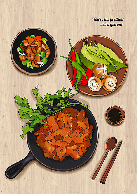 PSD 채소 일러스트 젓가락 고추 새우 사람없음 숟가락 버섯 샐러드 양념 프라이팬 깻잎 제육볶음 플레이팅 국내일러스트 음식 주방용품 수저 갑각류 상차림 파일형식