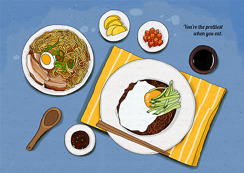 PSD 일러스트 젓가락 사람없음 숟가락 식탁보 면류 소스 짜장면 계란프라이 깍두기 단무지 동남아음식 쌀국수 플레이팅 국내일러스트 음식 김치 수저 중식 양념 상차림 계란요리 국수 베트남음식 파일형식