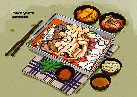 PSD 일러스트 젓가락 고추 호박 김치 떡 마늘 사람없음 식탁보 깍두기 양배추 철판 쌈장 철판볶음 철판요리 플레이팅 국내일러스트 한식 음식 채소 수저 양념 상차림 볶음 파일형식