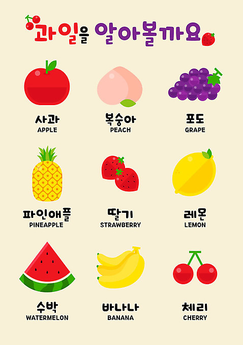 교육 과일 일러스트 딸기 포도 수박 바나나 실내 사람없음 컬러풀 유치원 체리 사과 레몬 파인애플 복숭아 벽보 제철과일 AI_파일형식 국내일러스트 컬러 내부 열대과일 제철 파일형식 벡터