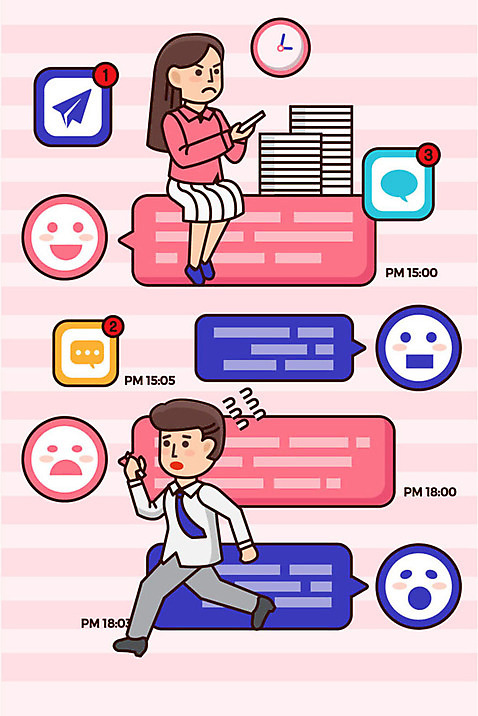 전신 여자 남자 분홍색 일러스트 사람 성인 두명 스마트폰 달리기 직장인 찡그림 어플리케이션 지각 약속 바쁨 일과 이모티콘 메신저 소셜네트워크 성인만 AI_파일형식 국내일러스트 직업 컬러 모션 표정 핸드폰 스마트기기 파일형식 벡터
