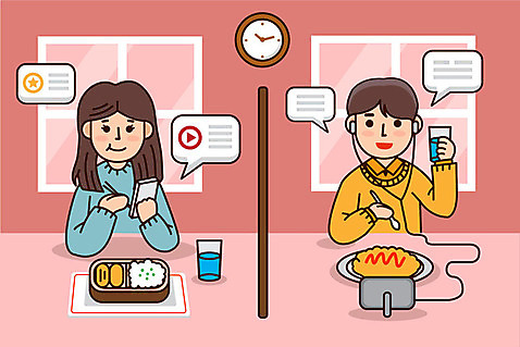 여자 남자 분홍색 이어폰 일러스트 사람 상반신 성인 두명 스마트폰 식당 식사 직장인 일과 성인만 혼족 AI_파일형식 국내일러스트 직업 컬러 음향기기 핸드폰 스마트기기 상점 싱글라이프 파일형식 벡터