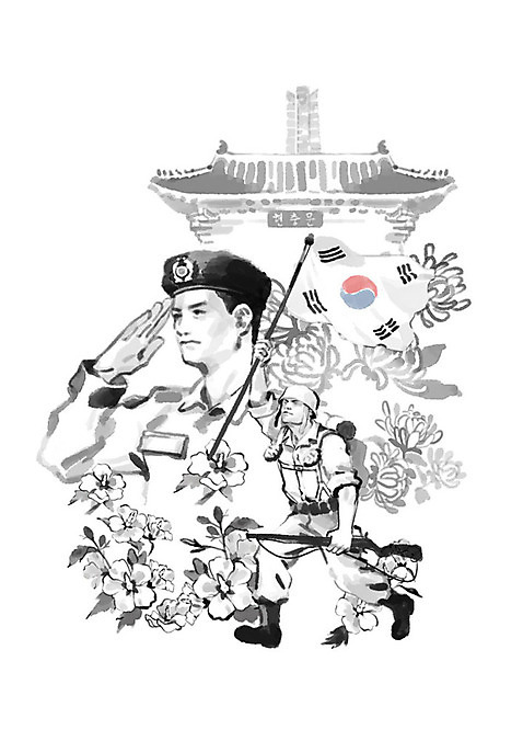 전신 PSD 기념일 남자 일러스트 한국 국화 흑백 사람 상반신 성인 두명 군인 한국인 자신감 역사 태극기 군복 육군 무궁화 경례 현충일 애국심 6.25전쟁 호국정신 국내일러스트 직업 꽃 감정 아시아 유니폼 군대 촬영기법 동양인 이벤트 인사 국기 전쟁 국군 파일형식 호국보훈의달