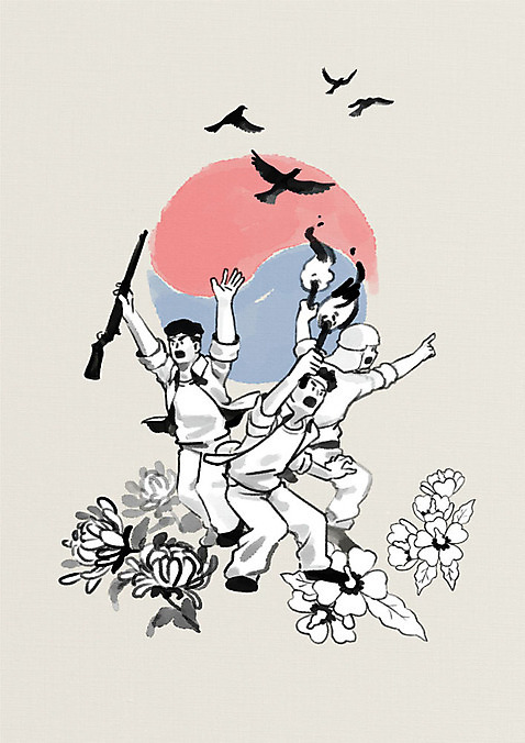 전신 PSD 기념일 남자 여러마리 일러스트 조류 한국 국화 흑백 사람 성인 세명 외침 총 한국인 자신감 역사 민주주의 태극 무궁화 애국심 광주 횃불 5.18민주화운동기념일 국내일러스트 동물 문양 꽃 감정 아시아 무기 다수 촬영기법 동양인 이벤트 소리 도구 파일형식 법정기념일