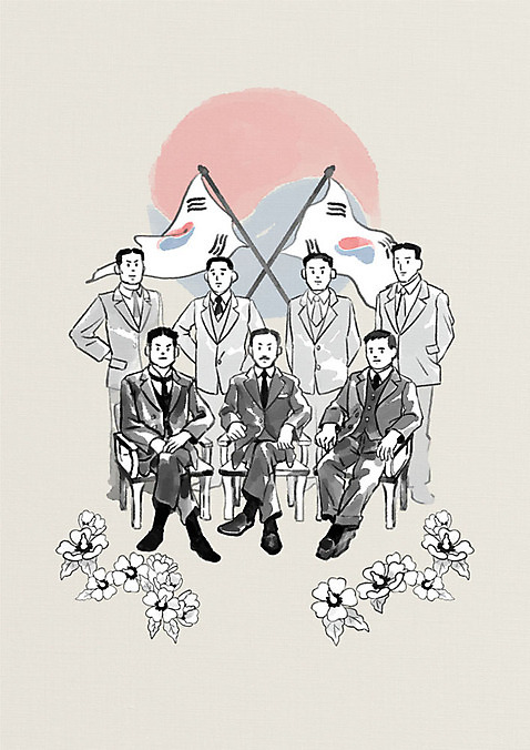 전신 PSD 기념일 남자 중년 일러스트 한국 흑백 서기 사람 앉기 정장 여러명 성인 한국인 자유 역사 태극기 무궁화 애국심 광복 독립 독립운동 독립운동가 애국자 대한민국임시정부수립기념일 국내일러스트 옷 꽃 아시아 다수 컨셉 모션 촬영기법 동양인 이벤트 국기 파일형식 법정기념일