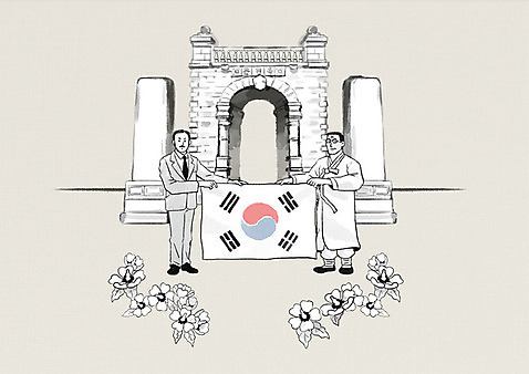 전신 PSD 기념일 남자 중년 일러스트 흑백 사람 정장 두명 한국인 자유 역사 태극기 한복 무궁화 애국심 광복 독립 독립문 독립운동 애국자 해방감 대한민국임시정부수립기념일 국내일러스트 한국전통 옷 꽃 감정 컨셉 촬영기법 동양인 이벤트 성인 국기 전통의상 파일형식 법정기념일