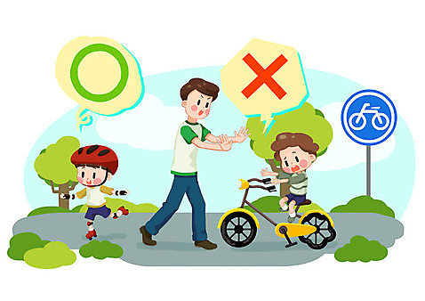 전신 PSD 공원 남자 초등학생 어린이 일러스트 사람 성인 세명 자전거 유치원생 금지 안전모 안전장비 즐거움 예방 안전사고 안전교육 롤러스케이트화 사고예방 착용 천진난만 엄격한 국내일러스트 학생 공공시설 교육 감정 컨셉 안전 바이크 장비 롤러블레이드 헬멧 사건 파일형식