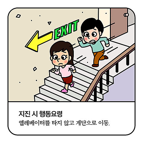 전신 여자 남자 일러스트 모션 건물안 사람 성인 두명 달리기 계단 무서움 자연재해 탈출 걱정 비상구 대피 요령 지진 AI_파일형식 국내일러스트 감정 컨셉 실내 재해 파일형식 벡터