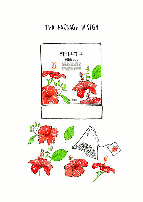PSD 디자인 꽃 일러스트 붓터치 사람없음 빨간색 차_음료 허브 번짐 패키지 티백 허브차 히비스커스 수채화_물감 국내일러스트 식물 음료 컬러 파일형식 효과