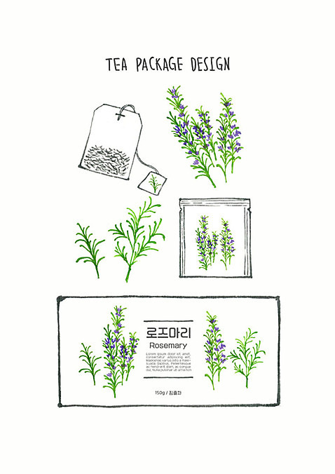 PSD 디자인 꽃 잎 일러스트 붓터치 사람없음 차_음료 허브 번짐 패키지 로즈메리 티백 허브차 수채화_물감 국내일러스트 식물 음료 파일형식 효과