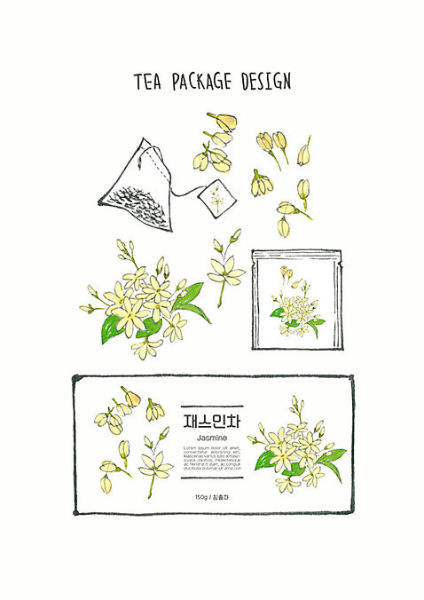 PSD 디자인 꽃 잎 일러스트 붓터치 사람없음 차_음료 허브 번짐 패키지 티백 재스민 쟈스민차 허브차 수채화_물감 국내일러스트 식물 음료 파일형식 효과