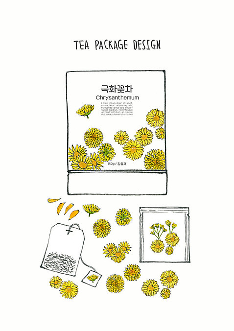 PSD 디자인 꽃 일러스트 붓터치 국화 사람없음 차_음료 컬러풀 노란색 번짐 패키지 티백 꽃차 수채화_물감 국내일러스트 식물 음료 컬러 파일형식 효과