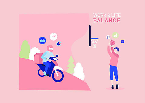 전신 나무 남자 길 시계 분홍색 일러스트 휴식 농구공 사람 성인 두명 운동 오토바이 업무 비교 배달원 헬멧 즐거움 바쁨 농구대 배달통 워라밸 국내일러스트 AI파일 식물 직업 감정 컬러 컨셉 공 농구 건강 바이크 작업 보호장비 골대 배송 신조어 파일형식 벡터