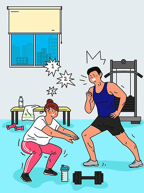 여자 남자 하늘색 몸매관리 다이어트 일러스트 건강 사람 성인 두명 운동 건강관리 헬스 헬스장 역기 웨이트트레이닝 괴로움 준비 트레이너 땀 개인지도 성인만 스쿼트 맨몸운동 AI_파일형식 여름_계절 국내일러스트 계절 감정 관리 파란색 연습 파일형식 벡터 운동자세