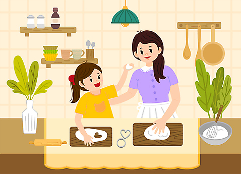 그릇 여자 딸 화분 어린이 일러스트 가족 모녀 엄마 주방용품 조명 선반 요리 들기 상반신 성인 두명 주방 화목 가족라이프 반죽 홈베이킹 거품기 밀대 나무도마 베이지색 여자만 AI_파일형식 소녀_어린이 국내일러스트 라이프스타일 식기 컬러 가구 생활용품 컨셉 관계 모션 도마 사람 목재 제빵 파일형식 벡터