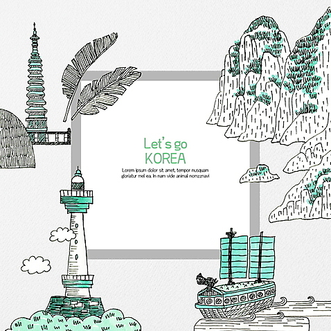 PSD 바다 섬 여행 일러스트 프레임 한국 등대 사람없음 관광지 귀여움 통영 거북선 국내여행 랜드마크 민트색 프레임일러스트 국내일러스트 아시아 컬러 컨셉 경상남도 파일형식