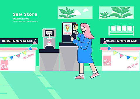 PSD 여자 일러스트 창문 아이스크림 한명 사람 초록색 편리함 가랜드 냉동고 셀프 아이스크림가게 자판기 키오스크 여자한명만 무인매장 국내일러스트 1 컬러 컨셉 디저트 상점 파티용품 아이스크림장사 여자만 파일형식