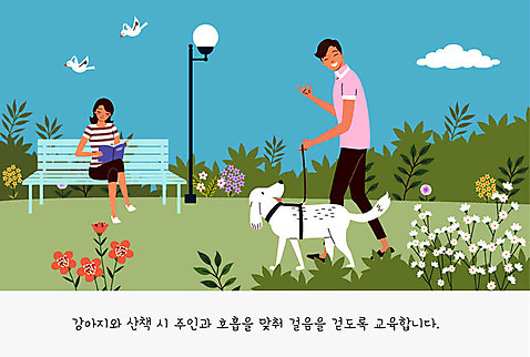 공원 여자 교육 남자 꽃 반려견 가로등 벤치 일러스트 조류 사람 두명 책 반려동물 귀여움 산책 풀_식물 개 강아지 연습 교정 목줄 주인 반려 발걸음 펫팸족 AI_파일형식 구름_자연 국내일러스트 자연요소 식물 동물 공공시설 컨셉 의자 포유류 휴식 신조어 파일형식 벡터 반려용품