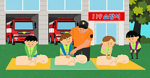 PSD 여자 남자 어린이 일러스트 사람 여러명 성인 체험 마네킹 소방관 소방 소방차 안전교육 소방의날 심폐소생술 국내일러스트 교육 다수 컨셉 자동차 안전 구조원 파일형식 법정기념일