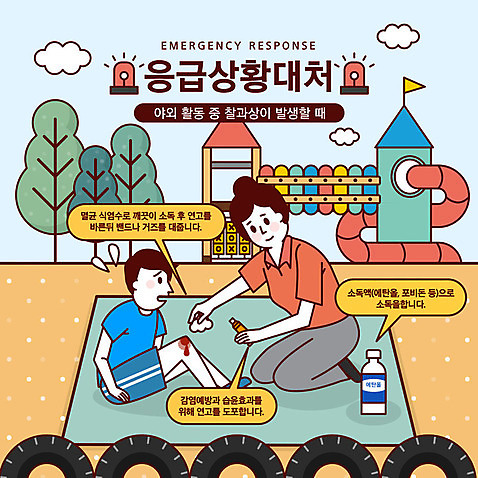 여자 남자 어린이 말풍선 일러스트 경고 사람 성인 두명 야외활동 금지 응급 긴급 놀이터 돗자리 안전교육 긴급상황 비상등 소독 소독약 식염수 연고 위급 위급상황 응급상황 응급조치 응급치료 찰과상 AI_파일형식 국내일러스트 교육 놀이 안전 치료 상처 파일형식 벡터