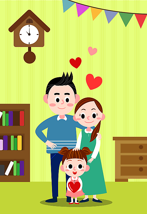전신 여자 남자 행복 어린이 일러스트 가족 집안 책장 가족애 서기 들기 성인 세명 연두색 화목 하트 벽시계 서랍장 가랜드 어깨에손 AI_파일형식 소녀_어린이 국내일러스트 모양 감정 시계 가구 컨셉 관계 모션 실내 사랑 사람 초록색 파티용품 파일형식 벡터